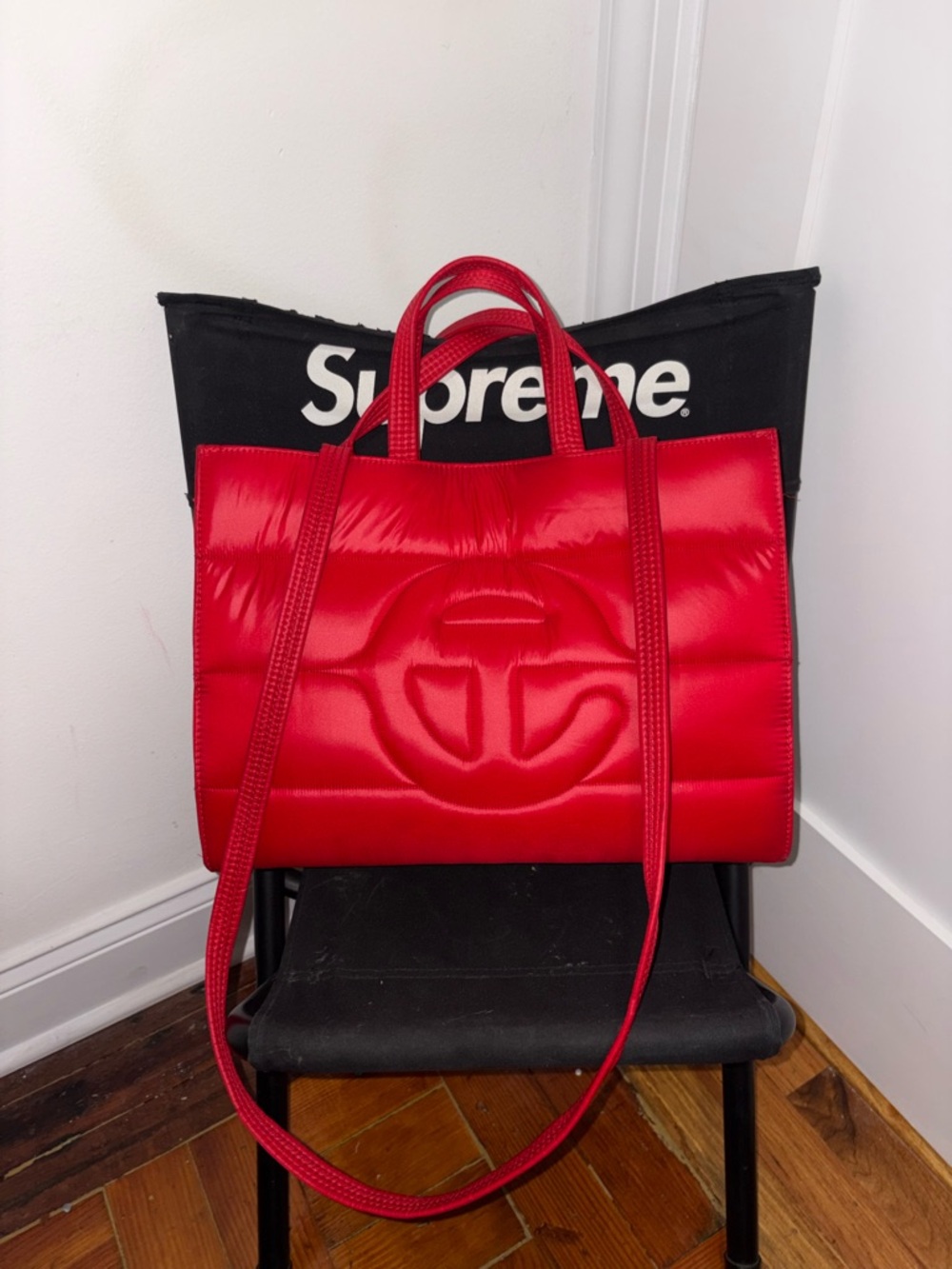 Telfar Red Quilted Puffer Tote with Logo